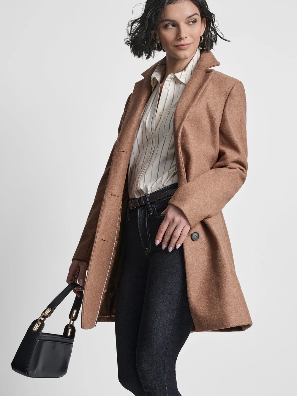 DKNY Camel Wool-Blend Tailored Trench Coat